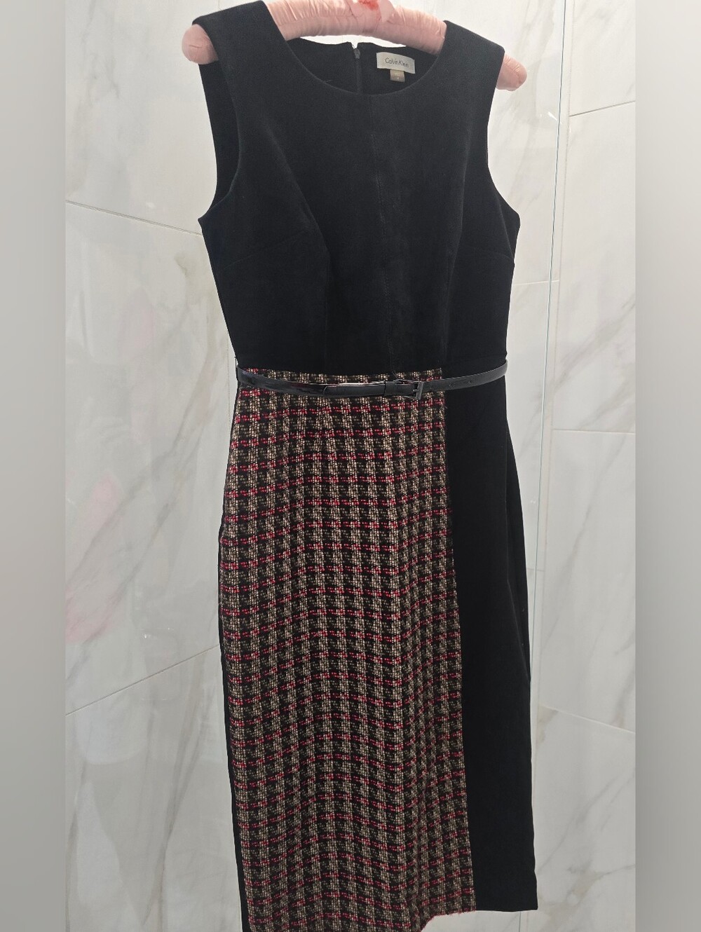 Calvin Klein Black Faux Suede & Houndstooth Plaid 2-tone Midi Sheath Dress, Sz:4